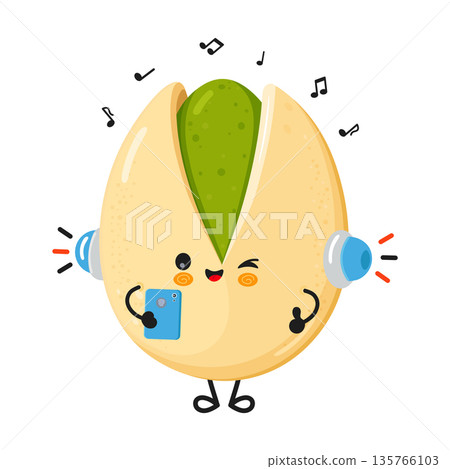 Cute pistachio nut character listening music and winking 135766103