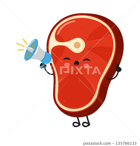 Steak character announcing good news with a megaphone 135766133