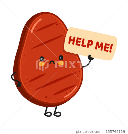 Sad steak character holding a help me sign Sad steak character holding a help me sign 135766139