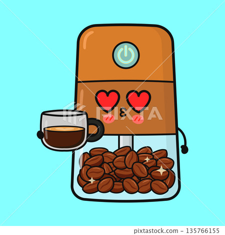 Grinder mascot holding espresso cup with heart eyes 135766155