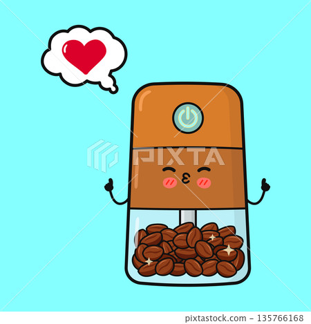 Kawaii coffee grinder character showing love for fresh beans Kawaii coffee grinder character showing love for fresh beans 135766168