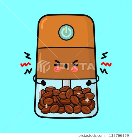 Kawaii coffee grinder character vibrating with fresh beans 135766169