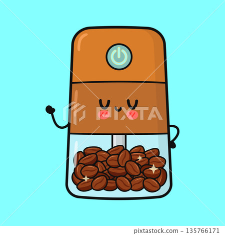 Cute electric coffee grinder character with coffee beans Cute electric coffee grinder character with coffee beans 135766171