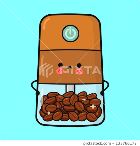 Electric coffee grinder character feeling sad with coffee beans Electric coffee grinder character feeling sad with coffee beans 135766172