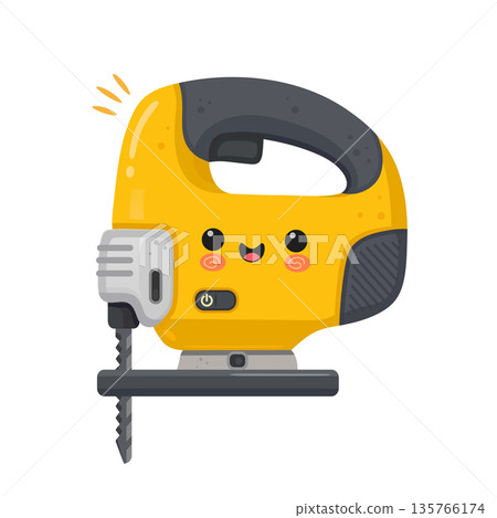 Cute jigsaw power tool character smiling on white background 135766174
