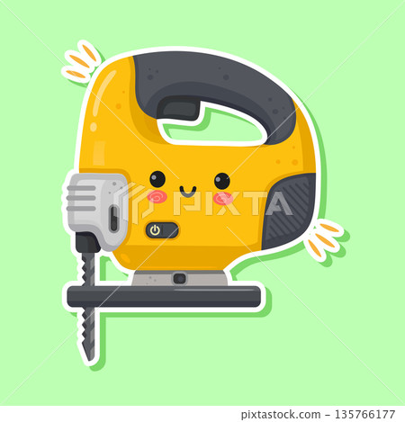 Cute kawaii yellow jigsaw tool character smiling 135766177