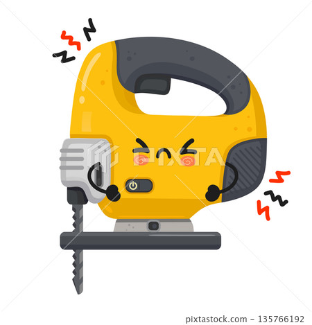 Stressed yellow jigsaw power tool character vibrating 135766192