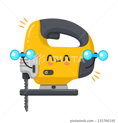 Cute cartoon jigsaw power tool lifting dumbbells 135766195