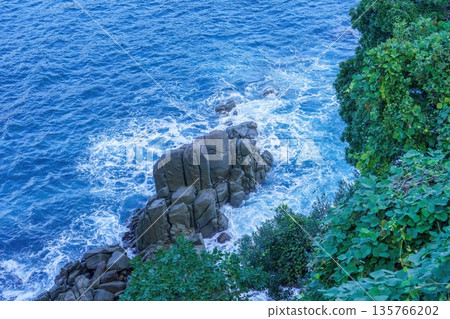 Deep blue sea, white waves crashing against the rough rocks, and the green of the coast Deep blue sea, white waves crashing against the rough rocks, and the green of the coast 135766202