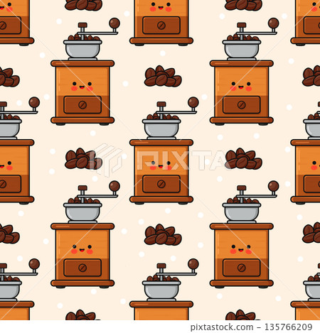 Cute coffee grinder characters with beans repeating pattern Cute coffee grinder characters with beans repeating pattern 135766209