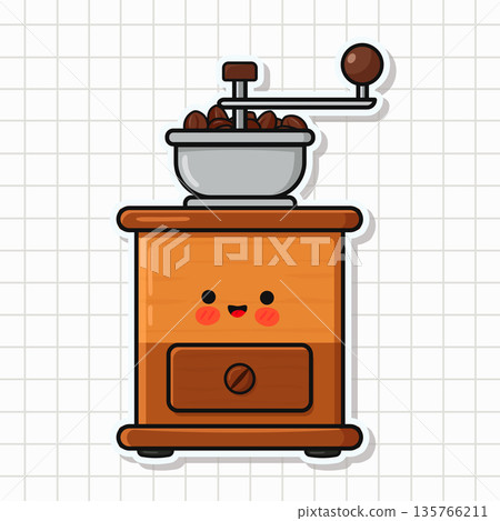 Cute kawaii coffee grinder character enjoying fresh beans 135766211