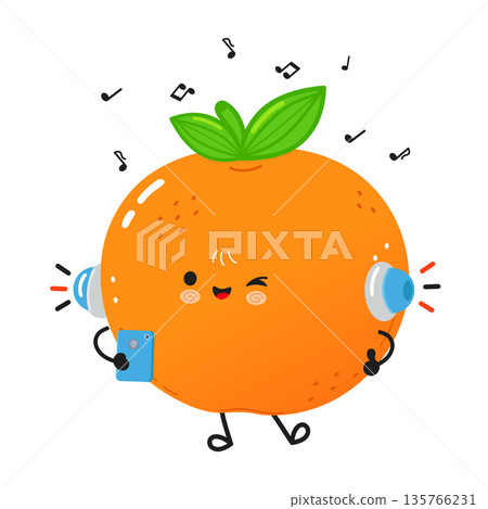 Cartoon orange character listening to music with smartphone and headphones Cartoon orange character listening to music with smartphone and headphones 135766231