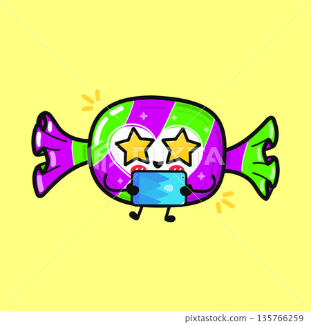 Candy character with star eyes using tablet Candy character with star eyes using tablet 135766259