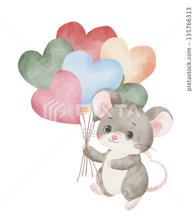 Watercolor illustration of a cheerful mouse holding a bunch of heart-shaped balloons. Isolated on a white background, hand-drawn. For children's content and festive room decorations, birthday parties Watercolor illustration of a cheerful mouse holding a bunch of heart-shaped balloons. Isolated on a white background, hand-drawn. For children's content and festive room decorations, birthday parties 135766313