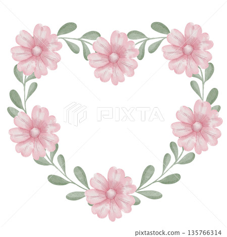 Watercolor wreath of green leaves and pink flowers in the shape of a heart with space for text. White background. Template for wedding invitations, greeting cards, and congratulations Watercolor wreath of green leaves and pink flowers in the shape of a heart with space for text. White background. Template for wedding invitations, greeting cards, and congratulations 135766314