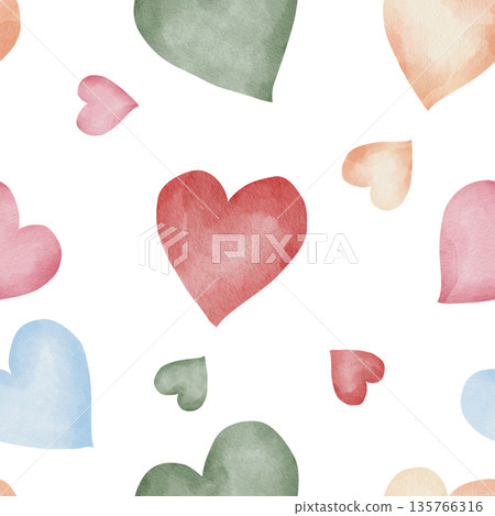 Seamless pattern of multicolored watercolor hearts. Pink, green, blue. White background. Perfect for romantic wallpaper, textiles, and wrapping paper Seamless pattern of multicolored watercolor hearts. Pink, green, blue. White background. Perfect for romantic wallpaper, textiles, and wrapping paper 135766316