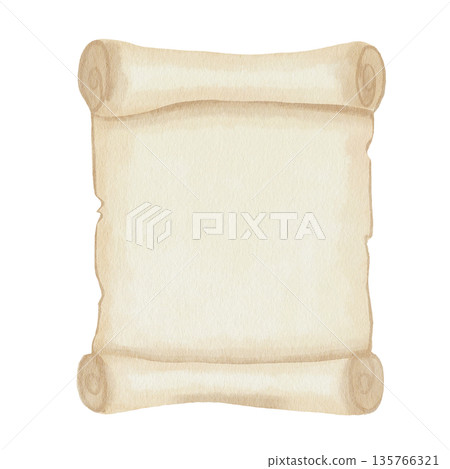 Empty scroll made of aged parchment with curled edges, with space for text in the center. Watercolor illustration, isolated on white background, hand-drawn. For letters, historical, medieval designs 135766321