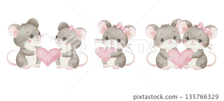 Set of watercolor illustrations of mice in love holding pink heart. Hand-drawn, isolated on white background. For stickers, postcards, scrapbooking, invitations, children's decor, valentines Set of watercolor illustrations of mice in love holding pink heart. Hand-drawn, isolated on white background. For stickers, postcards, scrapbooking, invitations, children's decor, valentines 135766329