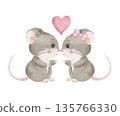 Two adorable watercolor mice facing each other under pink heart, romantic illustration, isolated on white background. Perfect for Valentine's gifts, love cards, wedding anniversary and nursery decor 135766330