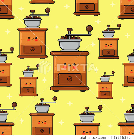 Cute coffee grinder pattern with happy faces and stars 135766332