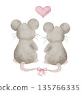 Watercolor illustration of two cute mice, back view, with tails tied with pink bows and pink heart. Isolated on white background. For children's books, Valentine's Day cards, room decor, and gift 135766335