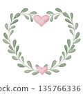Watercolor wreath of green twigs with leaves and pink hearts. Isolated on white background, with space for text in the center. Frame for wedding announcements, Valentine's Day cards, and invitations 135766336