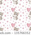 Whimsical seamless watercolor pattern featuring cute mice holding pink heart-shaped balloons, with hearts scattered across the white background. For Valentine's Day, gift, card, textile, child's room 135766352