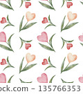 Seamless watercolor pattern with pastel hearts in the shape of flowers with green leaves, white background. Romantic design, for Valentine's Day, spring themes, holidays, weddings, and textile design 135766353