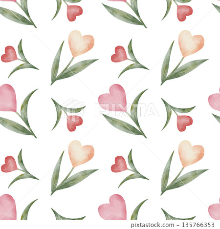 Seamless watercolor pattern with pastel hearts in the shape of flowers with green leaves, white background. Romantic design, for Valentine's Day, spring themes, holidays, weddings, and textile design Seamless watercolor pattern with pastel hearts in the shape of flowers with green leaves, white background. Romantic design, for Valentine's Day, spring themes, holidays, weddings, and textile design 135766353