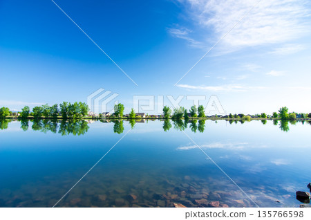 A refreshing landscape (blue sky and greenery by the water) 135766598