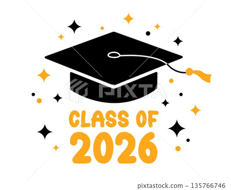 Class of 2026 Graduation greeting card, print, poster. Vector flat illustration. Black color academic cap and golden yellow 2026 number on white background. Simple mortarboard graduate symbol 135766746