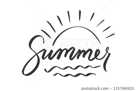 Summer Handwritten Lettering with Sun Rays Wave Elements. Minimal Black and White Calligraphy for Beach Seasonal Design, Holiday Poster Print Greeting Card Typography Decoration. Vector Illustration 135766920