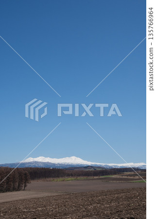 Hilly areas and snowy mountains on a sunny spring day, Mount Daisetsu 135766964
