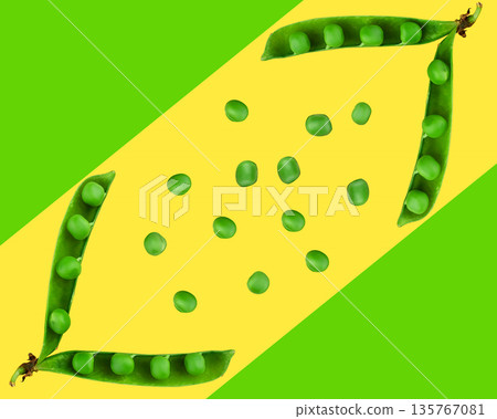 Green peas, in open pods and separately green peas on a yellow background, space for the text on a green background Green peas, in open pods and separately green peas on a yellow background, space for the text on a green background 135767081