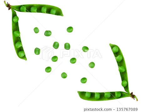 Green peas, in opened pods and separately green peas on a white background in isolation Green peas, in opened pods and separately green peas on a white background in isolation 135767089