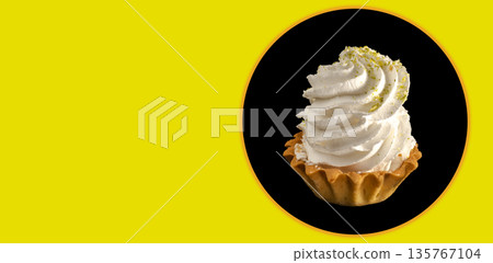 cake with protein cream on a black background, space for the text on a yellow background cake with protein cream on a black background, space for the text on a yellow background 135767104