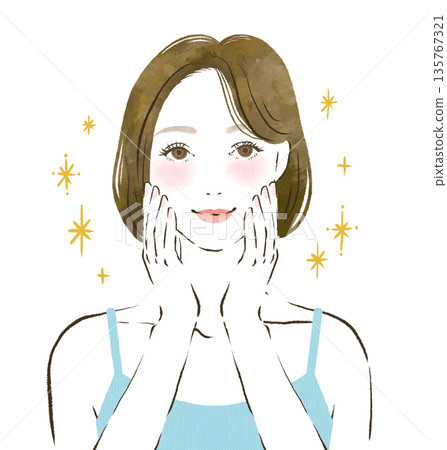 A woman touching her face with both hands and happy about the results of her skin care 135767321
