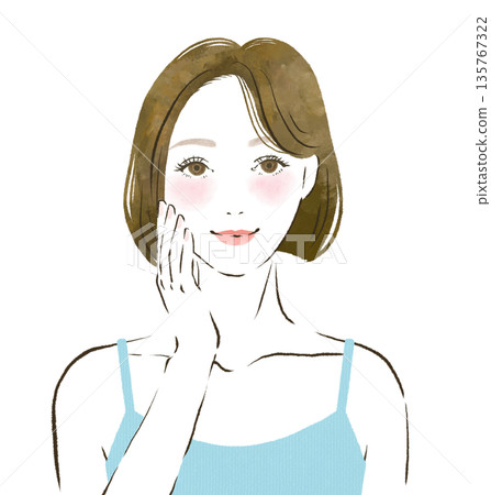 一位女子麵帶微笑，手輕撫臉頰－美麗插畫 135767322
