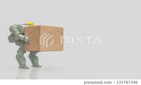 Industrial Robot Carrying Heavy Box Automation Concept Illustration 3d render. Industrial Robot Carrying Heavy Box Automation Concept Illustration 3d render. 135767346