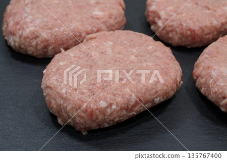 Raw ground beef hamburger steak before cooking Raw ground beef hamburger steak before cooking 135767400