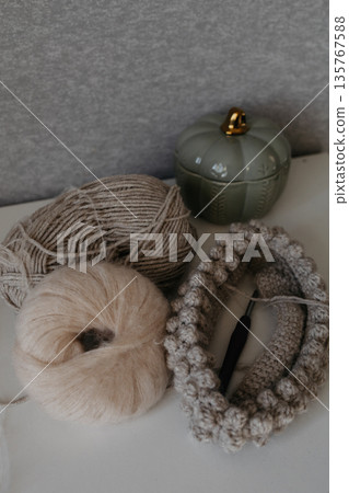 Wool yarn for knitting. Suitable for arts and crafts, needlework, and knitting. 135767588