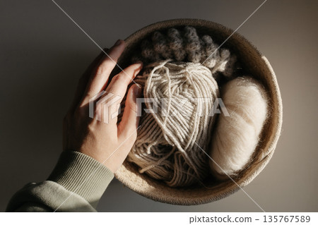 Wool yarn for knitting. Suitable for arts and crafts, needlework, and knitting. 135767589