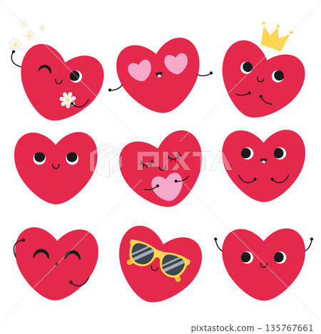 Collection of hearts with different emotions. Valentine's Day design. Isolated on a white background. Flat style vector illustration 135767661