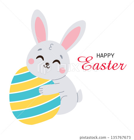 Cute rabbit and Easter egg. Isolated on a white background. Hand-drawn. Vector illustration. 135767673
