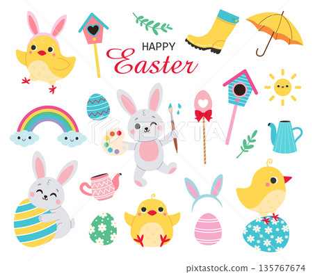 Cute Easter set. Chicks, rabbits and spring elements isolated on a white background. Hand-drawn. Vector illustration. 135767674