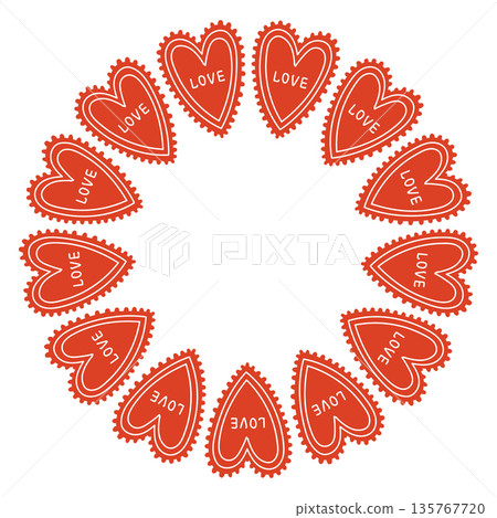 Whimsical vector illustration of a circular frame made of decorative folk style hearts. Cute hand drawn doodle design in red and white, perfect for Valentines Day cards, invitations, posters. Whimsical vector illustration of a circular frame made of decorative folk style hearts. Cute hand drawn doodle design in red and white, perfect for Valentines Day cards, invitations, posters. 135767720
