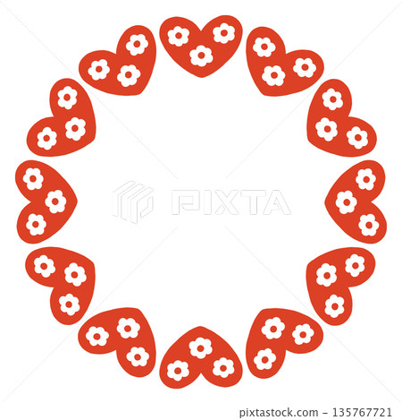 Whimsical vector illustration of a circular frame made of decorative folk style hearts. Cute hand drawn doodle design in red and white, perfect for Valentines Day cards, invitations, posters. 135767721