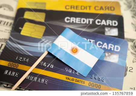 Argentina flag on credit card, finance economy trading shopping online business. 135767859