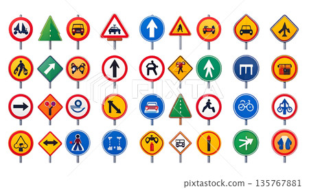 一套道路標誌圖標，代表交通安全和規則 135767881