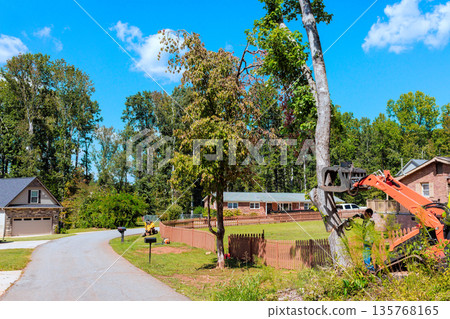 Workers operate tree removal machine in neighborhood with houses green trees 135768165